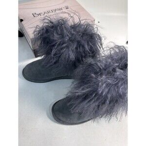 Bearpaw Boo Womens Size 8 Suede Sheepskin Wool Curly Lamb Fur Boots Charcoal